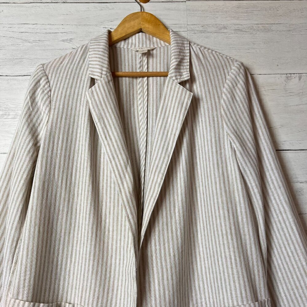 Caslon Blazer Womens SZ Small Tan & White Striped Open Front Linen Blend Coastal - Picture 9 of 16